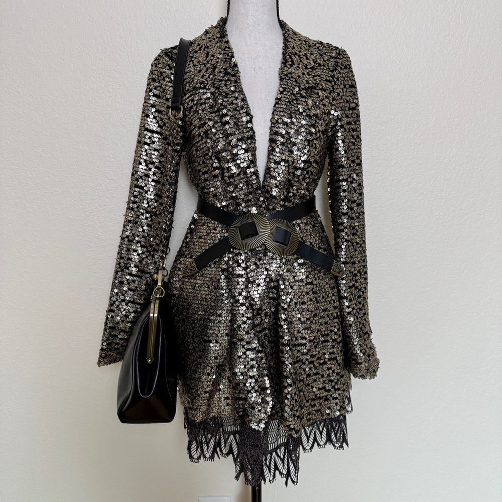 Free People Gold Sequin Long Sleeve Cardigan